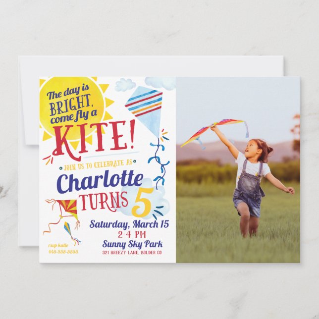 Kite Flying Photo Birthday Invitation (Front)