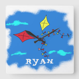 Kite Yellow Red Sky Cloud Drawing Kid`s Name Square Wall Clock
