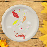 Kites Beige Kids Happy Birthday Party  Paper Plate<br><div class="desc">Kites in Sky Beige Beige Happy Birthday Party Plates. Cute design with three kites in red,  yellow and orange colours. The kites are flying in the sky between clouds. Add your name and make sweet personalised birthday plates for a girl or a boy.</div>