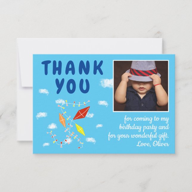 Kites Clouds Blue Kids Photo Birthday Thank You Card (Front)