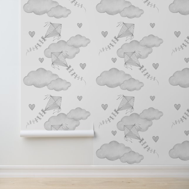 Kites Clouds Hearts Neutral Grey Baby Nursery Wallpaper (Application)