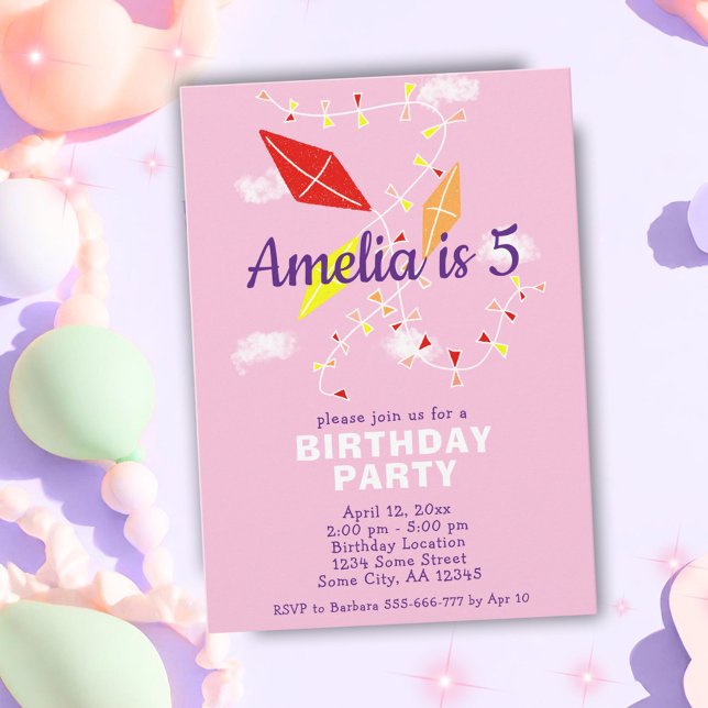 Kites in Pink Sky Drawing Kids Girl Birthday  Invitation (Creator Uploaded)