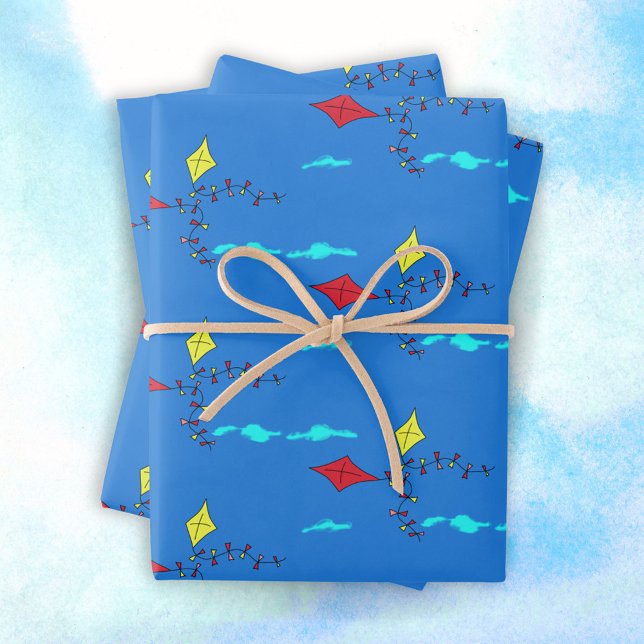 Kites in Sky Drawing Kids Birthday Wrapping Paper Sheet (Creator Uploaded)