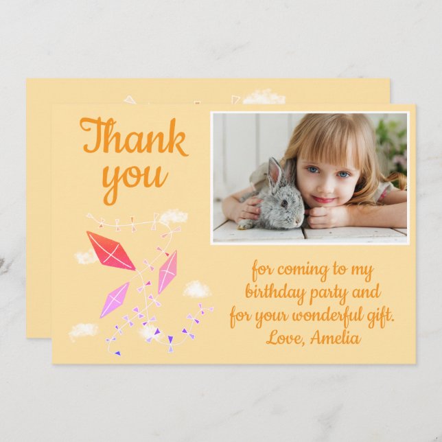 Kites in Sky Girl Photo Birthday Thank You Card (Front/Back)
