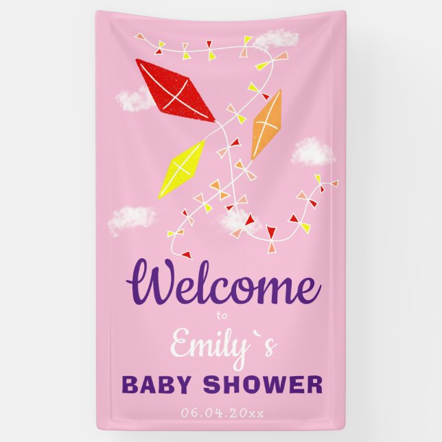 Kites in Sky Pink Girl Baby Shower Party  Banner (Vertical)