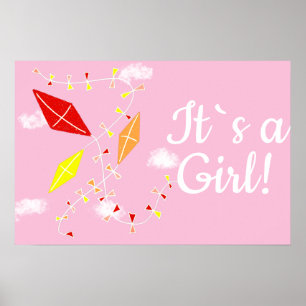 Kites in Sky Pink It`s a Girl Baby Shower Poster
