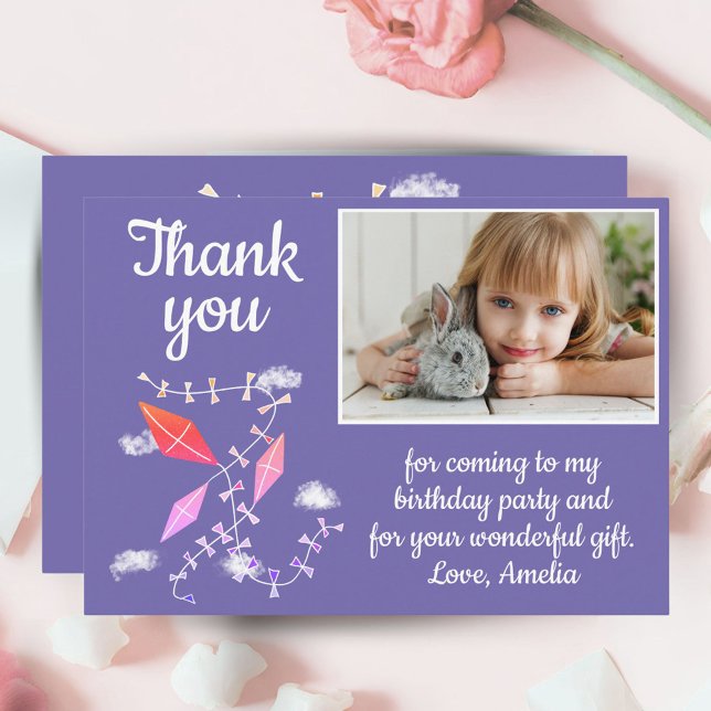 Kites in Sky Purple Girl Photo Birthday Thank You Card (Creator Uploaded)