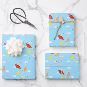 Kites in the Sky Blue Pattern Kids Wrapping Paper Sheet