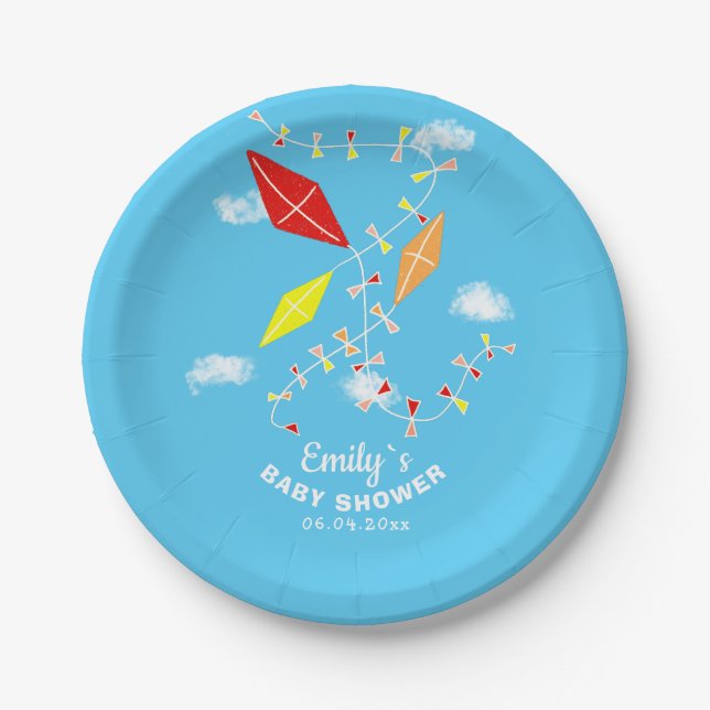 Kites in the Sky Boy Baby Shower Party Paper Plate (Front)