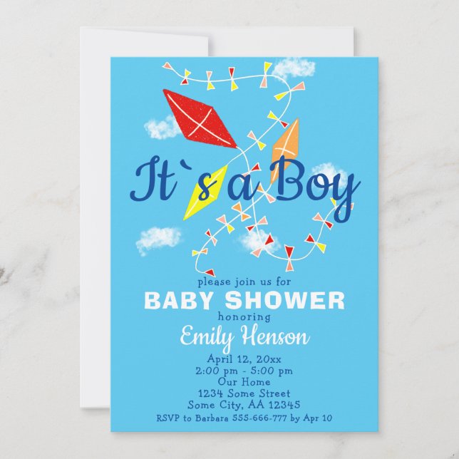 Kites in the Sky It`s a Boy Baby Shower Invitation (Front)