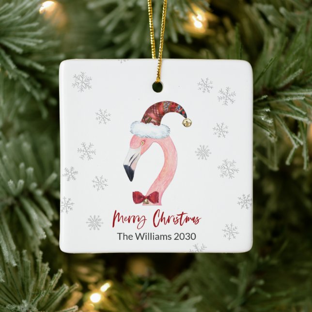 Kitsch Flamingo Plaid Santa Hat Christmas Ceramic Ornament (Tree)