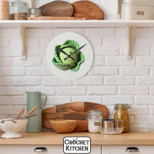Kitsch Modern Green Granny Garden Crochet Cabbage Round Clock