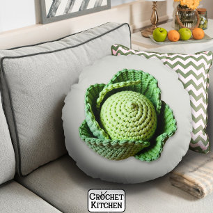 Kitsch Modern Green Granny Garden Crochet Cabbage Round Cushion