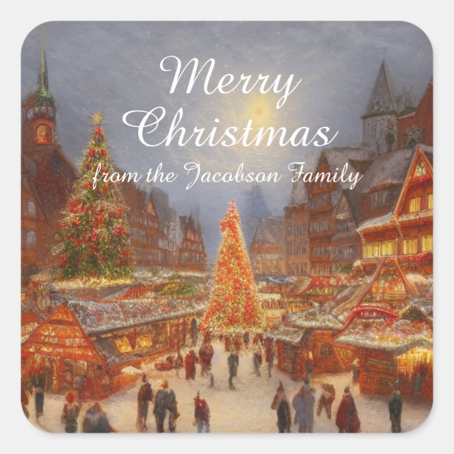 Kitsch Nostalgic German Christmas Market Greetings Square Sticker (Front)