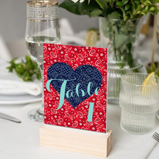 Kitsch Red & Blue Country Wedding Party Table Number (Creator Uploaded)
