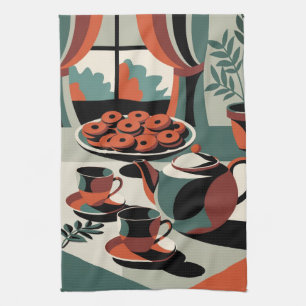 Kitschen style 50's abstract tea and biscuits towel