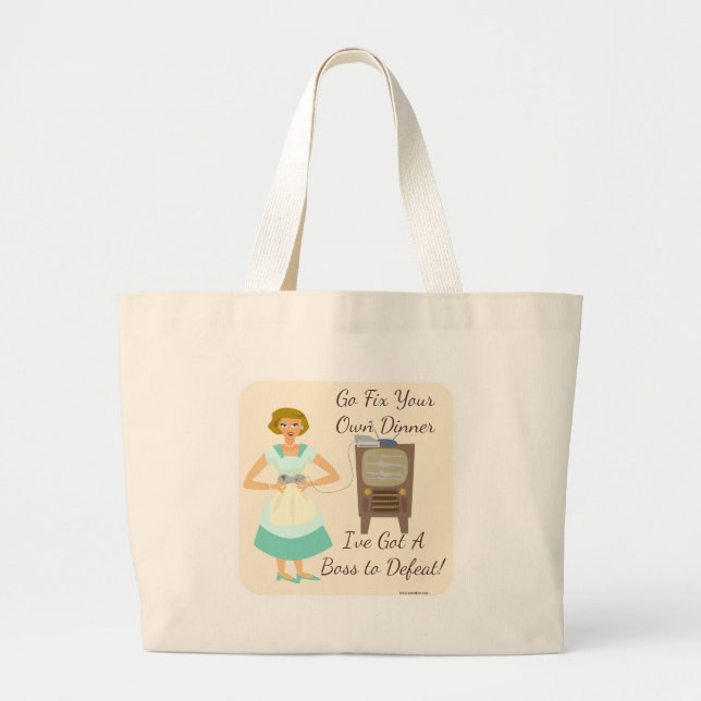 Kitschy Gaming Housewife Funny Slogan Large Tote Bag (Front)