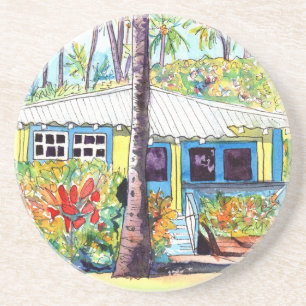 Kitschy Hawaii Tropical House Sandstone Coaster