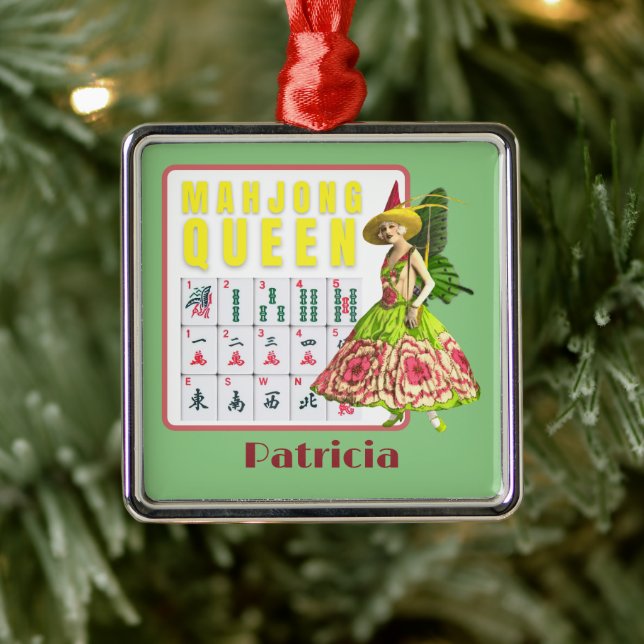 Kitschy Mahjong Queen Personalised Metal Ornament (Tree)