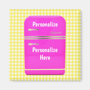 Kitschy pink refrigerator yellow gingham vintage magnet