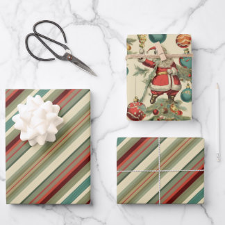 Kitschy Santa and Ornaments Complimentary Stripes Wrapping Paper Sheet