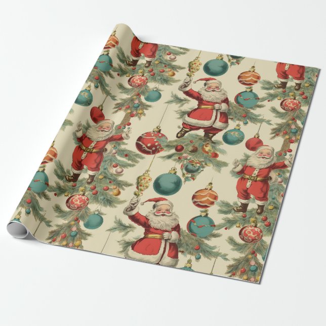 Kitschy Santa and Ornaments Wrapping Paper (Unrolled)