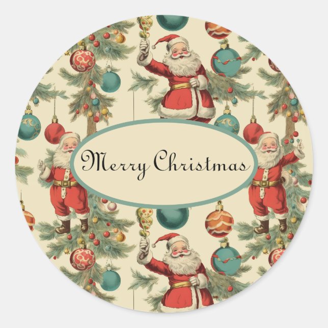 Kitschy Santa and Ornaments Wrapping Paper Classic Round Sticker (Front)