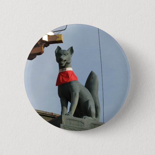 Kitsune キツネ (Fox) with Jewel in Mouth 6 Cm Round Badge (Front)