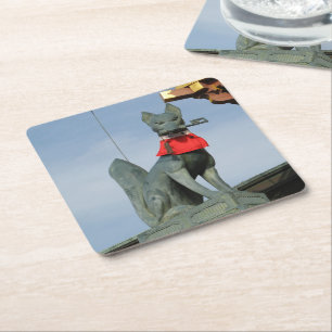 Kitsune キツネ (Fox) with Key in Mouth Square Paper Coaster