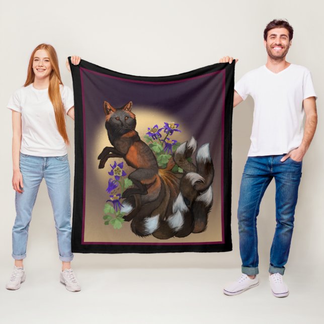 Kitsune and Columbine Flowers Fleece Blanket (In Situ)