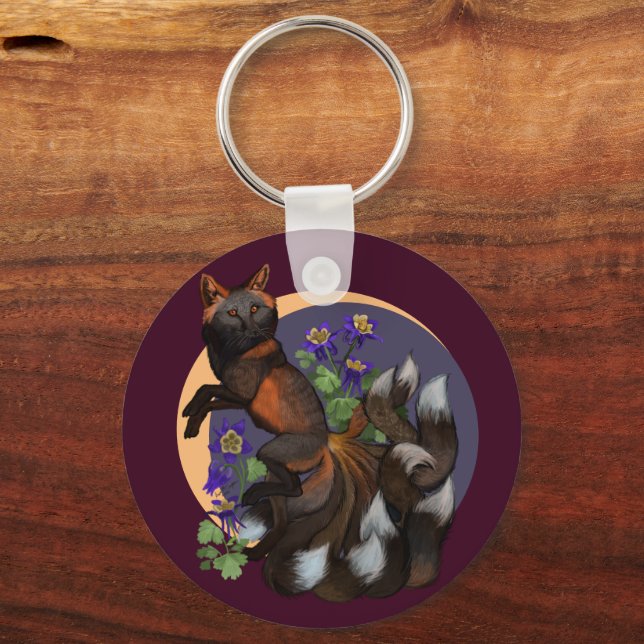 Kitsune and Columbine Flowers Key Ring (Front)