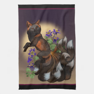 Kitsune and Columbine Flowers Tea Towel