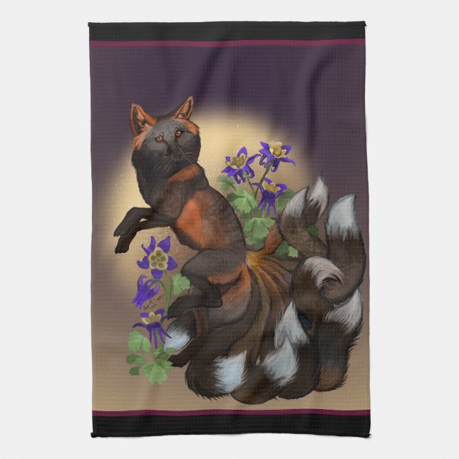 Kitsune and Columbine Flowers Tea Towel (Vertical)