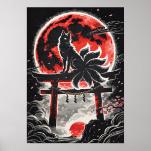 Kitsune at the Torii In Red Moon - Japanese Art Poster