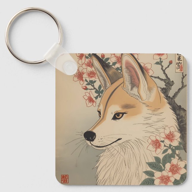 Kitsune & cherry blossom key ring (Front)