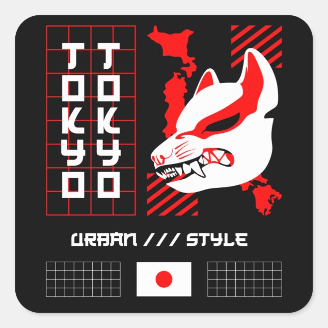 Kitsune Fox Tokyo City Square Sticker (Front)