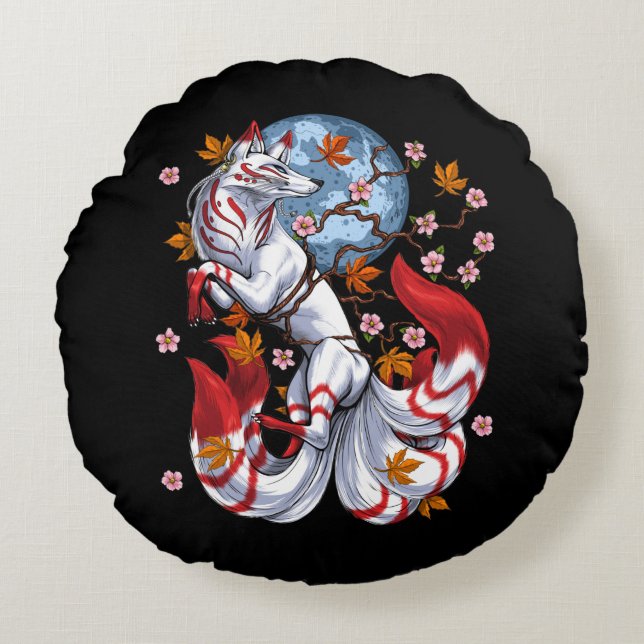 Kitsune Japanese Fox Round Cushion (Front)