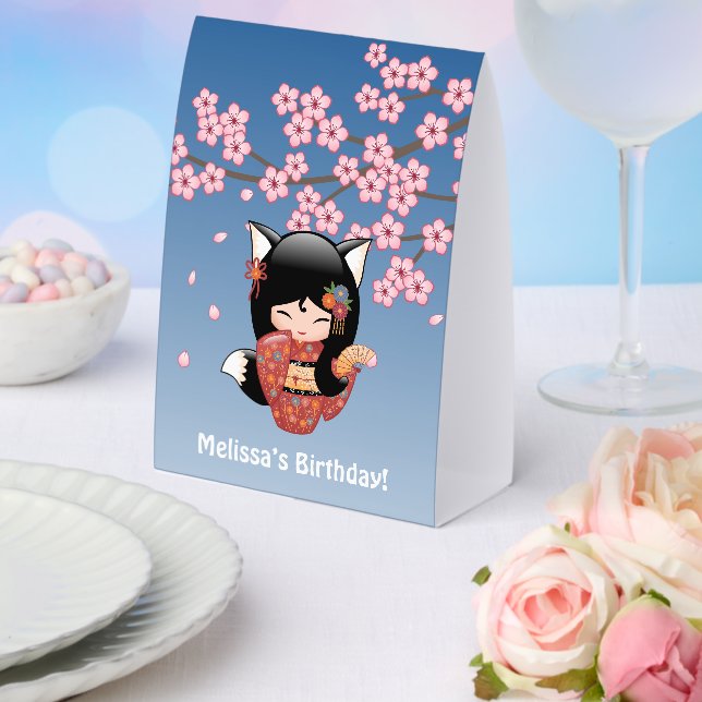 Kitsune Kokeshi Doll Black Fox Geisha Blue (Insitu(Wedding))