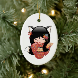 Kitsune Kokeshi Doll - Black Fox Geisha Ceramic Ornament