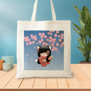 Kitsune Kokeshi Doll - Black Fox Geisha Girl 2 Tote Bag