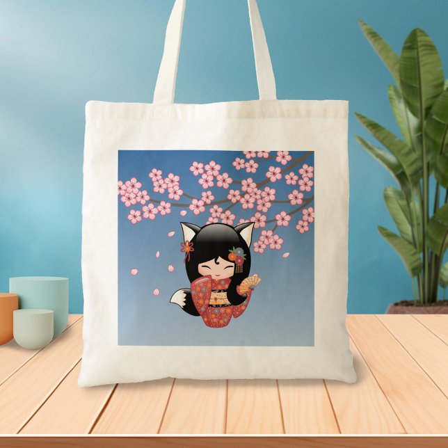 Kitsune Kokeshi Doll - Black Fox Geisha Girl 2 Tote Bag (Creator Uploaded)