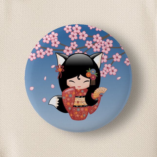 Kitsune Kokeshi Doll - Black Fox Geisha Girl 6 Cm Round Badge (Creator Uploaded)