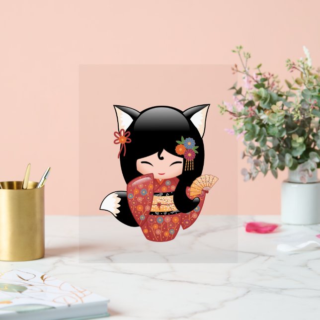Kitsune Kokeshi Doll - Black Fox Geisha Girl Acrylic Sign (Wedding)
