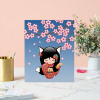 Kitsune Kokeshi Doll Black Fox Geisha Girl Blue