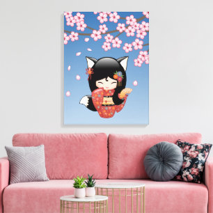 Kitsune Kokeshi Doll - Black Fox Geisha Girl Canvas Print