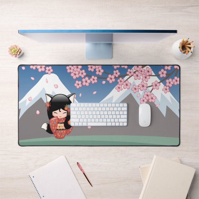 Kitsune Kokeshi Doll - Black Fox Geisha Girl Desk Mat (Office 1)