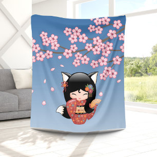 Kitsune Kokeshi Doll - Black Fox Geisha Girl Fleece Blanket