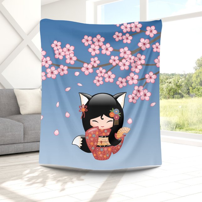 Kitsune Kokeshi Doll - Black Fox Geisha Girl Fleece Blanket (Creator Uploaded)