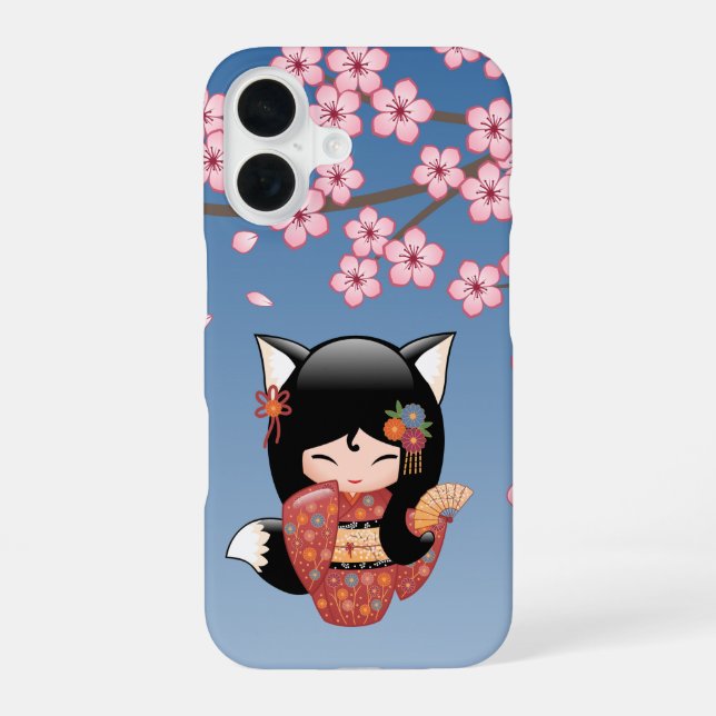 Kitsune Kokeshi Doll - Black Fox Geisha Girl iPhone 16 Case (Back)