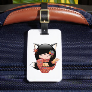 Kitsune Kokeshi Doll - Black Fox Geisha Girl Luggage Tag